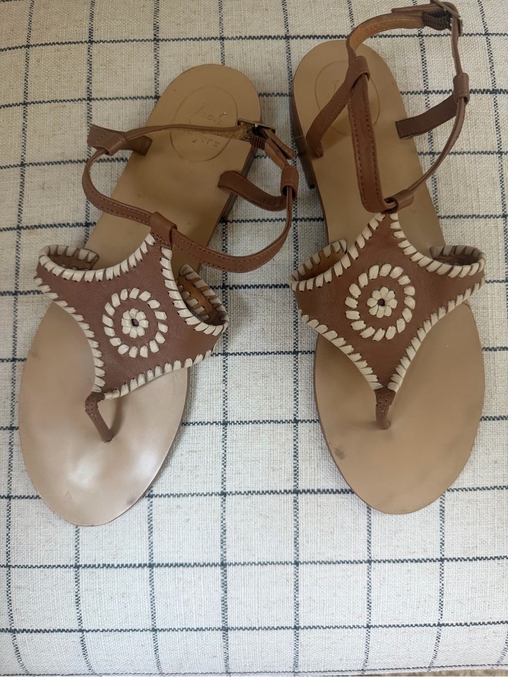 Jack Rogers Cognac Tan Leather Whipstitch Rondelle T-strap sandal